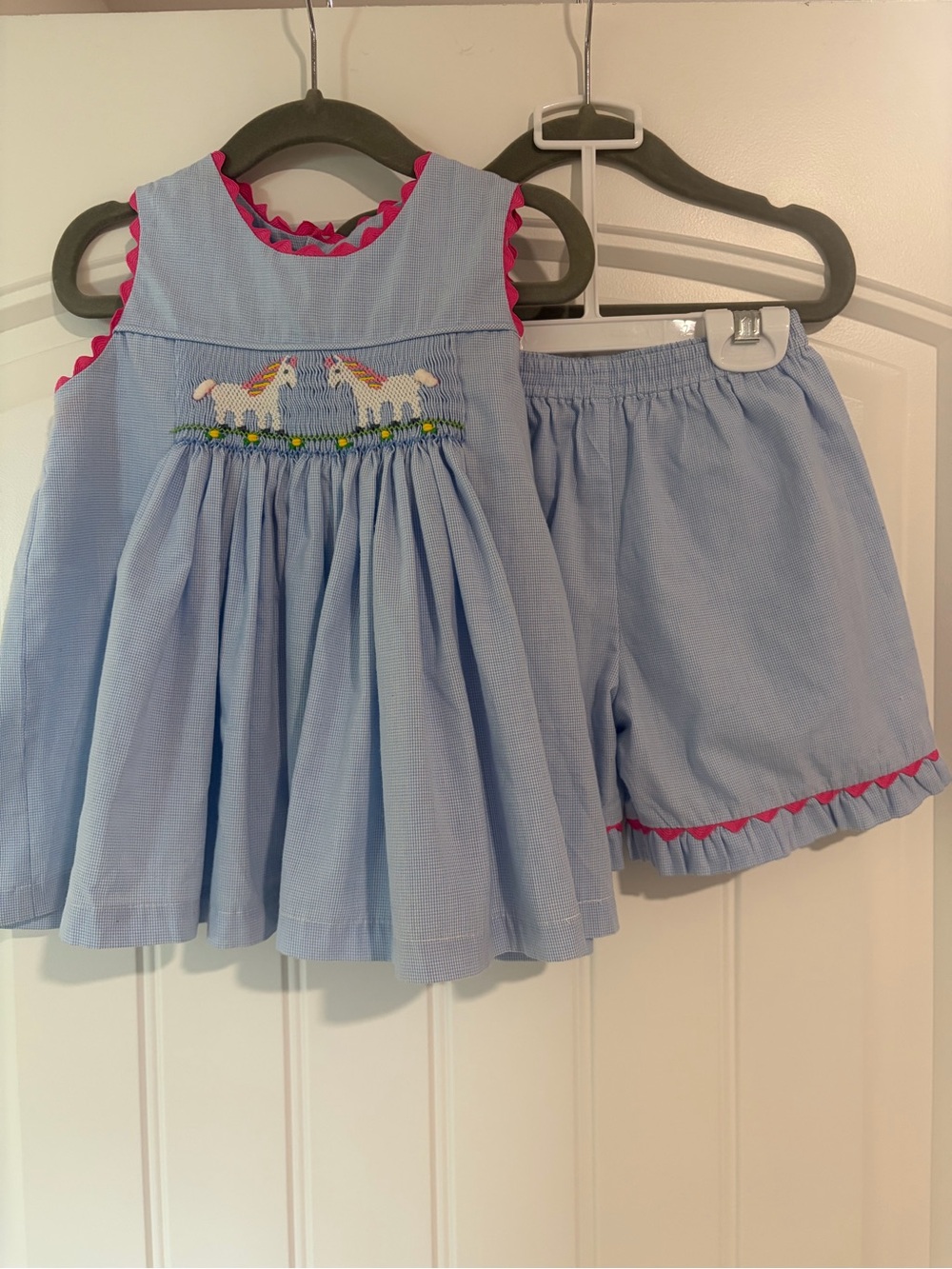 Light Blue Unicorn Smocked Girls' Matching Set